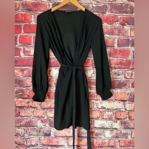 Topshop Black Long-Sleeve Wrap Dress with Tie